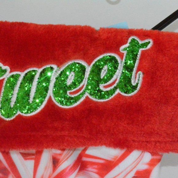 Its Sugar Faux Fur Trim Embroidered SWEET Candy Cane Red Christmas Stocking 17" - Picture 2 of 9